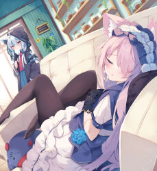 Rule 34 | 2girls, ahoge, animal ear fluff, animal ears, black gloves, black jacket, black pantyhose, blue flower, blue hair, blue rose, blue skirt, blush, closed mouth, collared shirt, commentary request, couch, cup, dress, flower, gloves, grey hair, hair between eyes, hair over one eye, highres, holding, holding cup, hood, hood up, hooded jacket, indoors, jacket, long hair, lying, multicolored hair, multiple girls, necktie, nibiiro shizuka, on back, on couch, open clothes, open jacket, original, own hands together, pantyhose, parted lips, pink hair, plant, pleated skirt, puffy short sleeves, puffy sleeves, purple eyes, red necktie, rose, shirt, short sleeves, sign, skirt, streaked hair, very long hair, white dress, white shirt