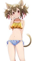 Rule 34 | 1girl, animal ears, bikini, cat ears, cat tail, female focus, hair ribbon, highres, hiroki (yyqw7151), looking at viewer, navel, red eyes, red ribbon, ribbon, short hair, silica, simple background, smile, solo, standing, swimsuit, sword art online, tail, thighs, twintails, white background