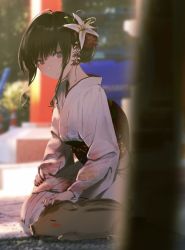 Rule 34 | 1girl, absurdres, black hair, blurry, blurry background, closed mouth, commentary request, festival, flower, hair flower, hair ornament, hair up, headpat, highres, japanese clothes, kimono, looking at viewer, new year, obi, original, outdoors, pig, rolua, sash, seiza, sidelocks, sitting, sleeping, smile, solo, yukata