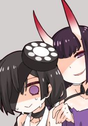 Rule 34 | 2girls, :&gt;, bare shoulders, black hair, commentary, evil smile, eyepatch, fate/grand order, fate (series), grey background, hair over one eye, hand on another&#039;s shoulder, horns, i.u.y, missing eye, mochizuki chiyome (fate), multiple girls, nervous, no nose, purple eyes, shaded face, shuten douji (fate), smile, sweat, upper body, wide sleeves