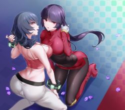 Rule 34 | 2girls, ass, bare shoulders, black legwear, blue hair, blunt bangs, bodysuit, boots, breasts, character request, cleavage, creatures (company), diamond (gemstone), dimples of venus, dual persona, from behind, game freak, gym leader, hand in own hair, highres, hizuki akira, large breasts, long hair, looking at viewer, looking back, multiple girls, nintendo, open mouth, pants, pantyhose, pokemon, pokemon frlg, pokemon hgss, purple hair, red eyes, sabrina (pokemon), shiny clothes, shiny skin, short hair, sideboob, skin tight, smile, very long hair