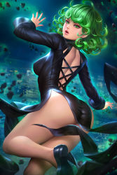 Rule 34 | 1girl, ass, black dress, black footwear, breasts, covered erect nipples, curly hair, dress, female focus, from behind, green eyes, green hair, lips, looking at viewer, looking back, matching hair/eyes, medium breasts, midair, neoartcore, night, night sky, one-punch man, parted lips, patreon username, realistic, shoes, short hair, sky, solo, tatsumaki, thick thighs, thighs, watermark