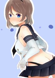 Rule 34 | 1girl, ass, bare shoulders, black panties, black skirt, blue eyes, blush, breasts, butt crack, commentary request, cosplay, elbow gloves, gloves, kantai collection, looking at viewer, looking to the side, love live!, love live! sunshine!!, microskirt, panties, shimakaze (kancolle) (cosplay), shimakaze (kancolle), short hair, skirt, solo, underwear, watanabe you, white gloves, yunomi (moyattemasu)