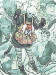 Rule 34 | 3girls, 4boys, animal, armor, bag, bare shoulders, black dress, braid, cable, clenched teeth, clothed animal, creature, demon horns, dorohedoro, dress, dual wielding, ebisu (dorohedoro), closed eyes, facial mark, formal, hands up, hat, hitsujino (boojum), holding, holding leash, holding scythe, holding weapon, hood, hood up, horns, in bag, in container, kikurage (dorohedoro), knee up, leash, leg armor, long sleeves, looking at viewer, mask, mittens, multicolored hair, multiple boys, multiple girls, natsuki (dorohedoro), necktie, noi (dorohedoro), one-eyed, pants, partially colored, projected inset, risu (dorohedoro), scythe, shin (dorohedoro), shirt, sideburns, sitting, skull mask, snake, solo focus, spiked hair, suit, teeth, tetsujo, ton (dorohedoro), torn clothes, torn shirt, tube, turtleneck, two-tone hair, weapon