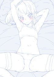 Rule 34 | 1girl, arm behind head, arm up, bed sheet, blue theme, blush, closed mouth, cut bangs, from above, hair ribbon, highres, hirogaru sky! precure, looking at viewer, lying, medium hair, miyagoe yoshitsuki, monochrome, navel, on back, on bed, pillow, precure, ribbon, single horizontal stripe, smile, solo, sora harewataru, sports bra, spot color, spread legs, sweat, thighhighs, underwear, underwear only