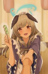 Rule 34 | 1girl, 4jiri, apron, blue archive, blurry, blurry background, blush, brown eyes, commentary request, dango, festival, food, grey hair, hair ornament, halo, highres, holding, holding food, holding hands, lantern, looking at viewer, maid, open mouth, pov, pov hands, solo focus, umika (blue archive), wa maid, wagashi