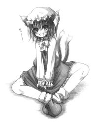 Rule 34 | 1girl, animal ears, blush, cat ears, cat girl, cat tail, chen, earrings, female focus, greyscale, hat, indian style, jewelry, kurona, monochrome, multiple tails, open mouth, simple background, single earring, sitting, smile, solo, tail, touhou, white background
