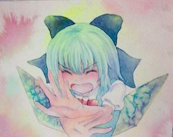 Rule 34 | 1girl, blue eyes, blue hair, bow, cirno, closed eyes, hair bow, ice, ice wings, matching hair/eyes, open mouth, painting (medium), scared, screaming, short hair, solo, touhou, traditional media, watercolor (medium), wings, x arms, yuyu (00365676)