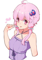 Rule 34 | 1girl, ahoge, bare arms, bare shoulders, breasts, criss-cross halter, cropped torso, dress, hair between eyes, hair ornament, halterneck, hand up, heart, highres, looking at viewer, parted lips, pink eyes, pink hair, purple dress, simple background, small breasts, solo, tongue, tongue out, upper body, vocaloid, voiceroid, white background, yusake san, yuzuki yukari