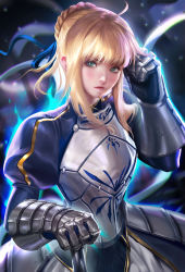 Rule 34 | 1girl, ahoge, armor, armored dress, artoria pendragon (all), artoria pendragon (fate), blonde hair, breastplate, dress, fate/stay night, fate (series), gauntlets, green eyes, hair bun, highres, lips, nose, planted, planted sword, planted weapon, saber (fate), sakimichan, short hair, single hair bun, solo, sword, weapon