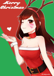 Rule 34 | 1girl, artist name, bare shoulders, bell, belt, breasts, brown hair, christmas, cleavage, collar, collarbone, d.va (overwatch), facial mark, fake antlers, heart, highres, medium breasts, merry christmas, neck bell, one eye closed, open mouth, overwatch, overwatch 1, shrimpcake, solo, whisker markings, wrist cuffs
