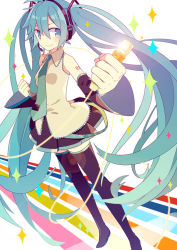 Rule 34 | 1girl, aqua eyes, aqua hair, aqua necktie, bare shoulders, black thighhighs, boots, clenched hand, detached sleeves, glint, golden, hair between eyes, hatsune miku, headphones, headset, holding, holding microphone, long hair, microphone, necktie, skirt, sleeveless, smile, solo, sparkle, standing, thigh boots, thighhighs, twintails, very long hair, vocaloid, yoshiki