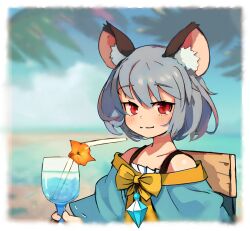 Rule 34 | 1girl, adapted costume, animal ear fluff, animal ears, blush, border, closed mouth, cloud, commentary request, day, grey hair, jewelry, light smile, looking at viewer, mouse ears, nazrin, outdoors, pendant, red eyes, short hair, sky, solo, touhou, upper body, white border, yoshiyuki (14330975)