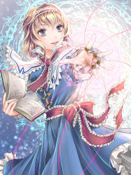 Rule 34 | 1girl, alice margatroid, blonde hair, blue dress, book, brown hair, capelet, collared capelet, commentary request, dress, feet out of frame, frilled dress, frilled hairband, frilled neckwear, frilled sash, frills, hair between eyes, hairband, holding, holding book, lace-trimmed capelet, lace trim, looking at viewer, magic circle, necktie, open mouth, red hairband, red necktie, red sash, sash, short hair, sleeveless, sleeveless dress, smile, solo, string, touhou, white capelet, yuki shuuka