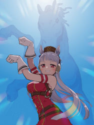 Rule 34 | 1girl, animal ears, blue background, blunt bangs, breasts, bridle, brown headwear, dress, gloves, gold ship (umamusume), grin, hat, highres, hitec, horse, horse ears, horse girl, long hair, medium breasts, o-ring, red dress, red eyes, signature, silver hair, sleeveless, sleeveless dress, smile, umamusume, white gloves