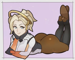 Rule 34 | 1girl, arm support, ass, blonde hair, blue eyes, halo, high heels, legs up, looking at viewer, lying, mechanical halo, mercy (overwatch), on stomach, overwatch, overwatch 1, pantyhose, short hair, smile, solo, splashbrush, the pose