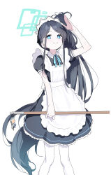 Rule 34 | 1girl, apron, aris (blue archive), aris (maid) (blue archive), azmira1534815, black dress, black hair, blue archive, blue eyes, blue ribbon, dot nose, dress, halo, hand up, highres, holding, legs apart, long hair, looking at viewer, medium dress, neck ribbon, ponytail, ribbon, short sleeves, sidelocks, simple background, smile, solo, standing, thighhighs, very long hair, white apron, white background, white thighhighs