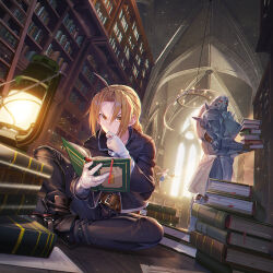 Rule 34 | 1boy, 1other, ahoge, alphonse elric, armor, baraba baba, black footwear, black jacket, black pants, blonde hair, book, book stack, bookshelf, chinese commentary, commentary request, edward elric, full armor, fullmetal alchemist, gloves, hand on own chin, holding, holding book, indoors, jacket, lantern, library, long sleeves, looking at another, male focus, open book, pants, reading, sitting, white gloves, yellow eyes