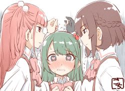 Rule 34 | 3girls, arm up, assault lily, black gloves, blue eyes, blunt bangs, blush, bow, bowtie, braid, brown hair, closed mouth, collared shirt, commentary request, flying sweatdrops, girl sandwich, gloves, gochisousama (tanin050), green hair, grey background, grey eyes, hair bobbles, hair ornament, hand on wall, hands up, haneda catalina mei, heart, heart-shaped pupils, kabedon, kai chihiro, long hair, long sleeves, looking at another, looking at viewer, ludvico private girls&#039; academy school uniform, multiple girls, nose blush, one side up, partially fingerless gloves, photo-referenced, pink bow, pink bowtie, pink eyes, profile, raised eyebrows, red hair, sandwiched, sano matilda kokoro, school uniform, shimizu rin, shirt, short hair, suspenders, sweat, symbol-shaped pupils, takatori natalie towa, two-tone background, upper body, voice actor connection, wavy mouth, white background, white shirt, yuda himawari, yuri