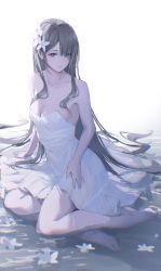 Rule 34 | 1girl, absurdly long hair, absurdres, asymmetrical bangs, bare shoulders, barefoot, breasts, cleavage, collarbone, commentary, covered navel, dress, english commentary, erospanda, expressionless, eyelashes, feet, flower, frilled dress, frills, grey eyes, grey hair, hair flower, hair ornament, hair over one eye, highres, long hair, looking at viewer, medium breasts, original, parted bangs, parted lips, shallow water, sidelocks, sitting, solo, strapless, strapless dress, very long hair, water, white background, white dress, white flower, yokozuwari
