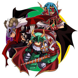 Rule 34 | 3boys, alternate color, armor, assassin cross (ragnarok online), black cape, black gloves, black pants, black sclera, black shirt, black wings, blue hair, braid, braided ponytail, breastplate, cape, capelet, colored sclera, commentary request, cropped legs, cross, emon-yu, feet out of frame, fingerless gloves, fur-trimmed capelet, fur trim, gloves, green armor, green hair, hair between eyes, high collar, high wizard (ragnarok online), holding, holding lance, holding polearm, holding weapon, horns, lance, leg armor, long hair, looking at viewer, looking to the side, lord knight (ragnarok online), mask, multiple boys, open clothes, open shirt, pants, parted bangs, pauldrons, polearm, ragnarok online, red cape, red capelet, red eyes, red scarf, scarf, shirt, short hair, shoulder armor, single braid, skull, skull on head, tabard, torn cape, torn clothes, torn scarf, vambraces, visor (armor), waist cape, weapon, white background, white hair, white pants, white shirt, wings
