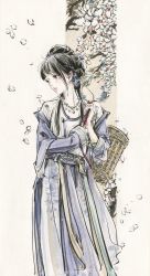 Rule 34 | 1girl, absurdres, basket, black hair, blue jacket, braid, chichi chichi, dress, falling petals, flower, hair ornament, highres, holding strap, jacket, jewelry, looking to the side, necklace, open mouth, original, petals, solo, white dress
