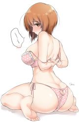 Rule 34 | 1girl, ass, ass cutout, blush, bra, breasts, brown eyes, brown hair, butt crack, clothing cutout, embarrassed, feet, girls und panzer, heart cutout, highres, large breasts, looking at viewer, looking back, nishizumi miho, open mouth, panties, pink bra, pink panties, polka dot, polka dot bra, polka dot panties, short hair, shoulder blades, simple background, soles, solo, sweat, tarou (komekueyo), underwear, undressing, white background
