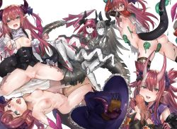 Rule 34 | 2boys, 6+girls, armor, asymmetrical horns, blue eyes, blue ribbon, blush, boots, cape, choker, corset, curled horns, detached sleeves, dragon girl, dragon horns, dragon tail, elizabeth bathory (brave) (fate), elizabeth bathory (fate), elizabeth bathory (fate/extra ccc), elizabeth bathory (halloween caster) (fate), elizabeth bathory (second ascension) (fate), fate/grand order, fate (series), fellatio, flat chest, hair ribbon, hat, heart, heart-shaped pupils, hetero, highres, horns, knee boots, long hair, mecha eli-chan (fate), mecha eli-chan mk.ii (fate), multiple boys, multiple girls, multiple persona, nipples, nose blush, nude, official alternate costume, open mouth, oral, pauldrons, penis, pink hair, pointy ears, pussy, ribbon, robot, ryuuji teitoku, sex, shoulder armor, simple background, slime (creature), slime (substance), symbol-shaped pupils, tail, thighhighs, tiara, torn cape, torn clothes, two side up, uneven horns, vambraces, white background, white cape, wings, witch hat
