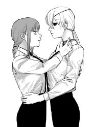 Rule 34 | 2girls, adjusting another&#039;s clothes, black eyes, black necktie, black pants, braid, braided ponytail, breasts, business suit, chainsaw man, collar, collared shirt, couple, expressionless, eyepatch, formal, greyscale, hand on another&#039;s waist, height difference, highres, light smile, long hair, looking at another, makima (chainsaw man), medium breasts, monochrome, multiple girls, necktie, office lady, pants, quanxi (chainsaw man), ringed eyes, shirt, shirt tucked in, smile, suit, user xdzs3827, white shirt, yuri
