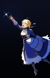 Rule 34 | 1girl, agata720, ahoge, arm up, armor, armored dress, artoria pendragon (all), artoria pendragon (fate), black background, blonde hair, blue dress, blue ribbon, braid, breastplate, dress, fate/grand order, fate/stay night, fate (series), french braid, gauntlets, green eyes, hair ribbon, highres, juliet sleeves, long sleeves, open mouth, plackart, puffy sleeves, reaching, ribbon, saber (fate), short hair, sidelocks, simple background, smile, solo, teeth, upper teeth only
