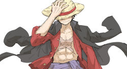 Rule 34 | 1boy, black coat, black hair, coat, coat on shoulders, hand on headwear, hat over eyes, highres, kankan33333, male focus, monkey d. luffy, one piece, open clothes, open shirt, red shirt, sash, scar, scar on chest, scar on face, shirt, smile, white background
