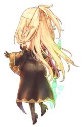 Rule 34 | 1girl, ass, black dress, black footwear, black gloves, blonde hair, boots, circlet, detached sleeves, dress, ear covers, elbow gloves, etrian odyssey, facing away, from behind, gloves, high heel boots, high heels, holding, holding staff, kazabuki poni, long hair, long sleeves, pointy ears, sekaiju no meikyuu, sekaiju no meikyuu 5, simple background, solo, staff, very long hair, warlock (sekaiju), white background