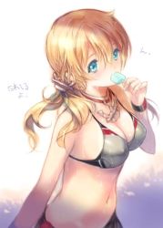 Rule 34 | 10s, 1girl, adapted costume, anchor hair ornament, arm at side, bikini, blonde hair, blue eyes, blush, breasts, cleavage, covered erect nipples, food, from side, gradient background, hair between eyes, hair ornament, kantai collection, long hair, looking at viewer, min-naraken, navel, popsicle, prinz eugen (kancolle), short twintails, solo, swimsuit, twintails