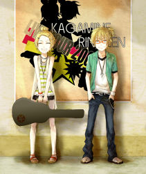 Rule 34 | 1boy, 1girl, alternate hairstyle, ari (artist), ariori haberi, bad id, bad pixiv id, blonde hair, blue eyes, brother and sister, casual, closed eyes, guitar case, hair ornament, hairclip, hands in pockets, instrument case, kagamine len, kagamine rin, miniskirt, short hair, siblings, skirt, smile, twins, vocaloid