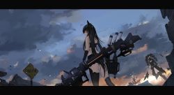 Rule 34 | 3girls, absurdres, ammunition belt, architect (girls&#039; frontline), asymmetrical hair, asymmetrical legwear, bandeau, belt, black gloves, black hair, blue sky, boots, capacitor, cleavage cutout, clothing cutout, cloud, commentary request, concrete, destroyer (girls&#039; frontline), directed-energy weapon, drill hair, drone, dutch angle, elbow gloves, emblem, energy gun, energy weapon, gas mask, girls&#039; frontline, gloves, glowing, glowing eyes, hair tubes, highres, letterboxed, long hair, looking back, mask, multiple girls, orange eyes, pink eyes, rebar, road sign, rubble, sangvis ferri, scarecrow (girls&#039; frontline), shorts, sign, signpost, sky, thighhighs, twilight, twintails, uneven legwear, very long hair, waist cape, weapon, white hair, wjn-rance, yellow eyes