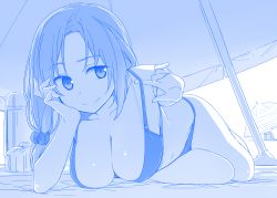 Rule 34 | 1girl, bad hands, bag, beach, bikini, blue theme, breasts, cleavage, collarbone, hair ornament, hair scrunchie, hand on own cheek, hand on own face, himura kiseki, long hair, low ponytail, lying, monochrome, navel, on side, original, scrunchie, shadow, smile, solo, strap pull, suitcase, swimsuit, umbrella