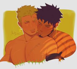Rule 34 | 2boys, armband, astrozure, bara, black hair, closed eyes, couple, earrings, facial hair, green hair, highres, jewelry, large pectorals, looking at another, male focus, multiple boys, muscular, muscular male, one eye closed, one piece, pectorals, roronoa zoro, scar, scar across eye, scar on face, short hair, trafalgar law, yaoi