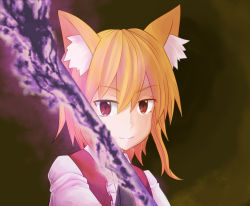 Rule 34 | 1girl, animal ear fluff, animal ears, asymmetrical hair, black necktie, blonde hair, brown background, brown eyes, brown vest, closed mouth, collared shirt, commentary request, cookie (touhou), fox ears, fox girl, fox tail, hair between eyes, holding, holding pole, looking at viewer, medium hair, miramikaru riran, necktie, pole, shirt, sidelocks, smile, solo, tail, upper body, vest, white shirt, yan pai