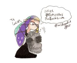 1girl aqua_hair black_dress blonde_hair domino_mask dress gloves gradient_hair grey_eyes grey_gloves grey_hair hat holding holding_hat holding_unworn_clothes long_hair mask multicolored_hair nintendo pointy_ears purple_hair signature simple_background solo speech_bubble splatoon_(series) splatoon_3 tentacle_hair thought_bubble twitter_username unworn_hat unworn_headwear white_background wildcard1_4 yoko_(splatoon)