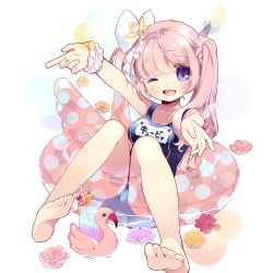 Rule 34 | 1girl, afloat, barefoot, blue eyes, blush, braid, feet, flower, full body, hair ornament, innertube, long hair, looking at viewer, name tag, official art, open mouth, outstretched arms, pink hair, rose, scrunchie, soles, solo, swim ring, swimsuit, toes, transparent background, twintails, uchi no hime-sama ga ichiban kawaii, water, wrist scrunchie