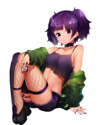 Rule 34 | 1girl, arm support, asymmetrical legwear, bare shoulders, black choker, black footwear, black thighhighs, blunt bangs, boruhis, breasts, camisole, cellphone, choker, closed mouth, collarbone, commentary request, crop top, diagonal bangs, earrings, fishnet thighhighs, fishnets, full body, green jacket, highres, holding, holding phone, hoop earrings, idolmaster, idolmaster shiny colors, jacket, jewelry, looking at viewer, mismatched legwear, nail art, navel, off shoulder, open clothes, open jacket, phone, purple eyes, purple hair, purple shorts, ring, shiny skin, shoes, short hair, short twintails, shorts, sidelocks, simple background, sitting, small breasts, smartphone, smile, solo, stomach, tanaka mamimi, thighhighs, twintails, white background