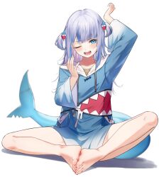 Rule 34 | 1girl, absurdres, bare legs, barefoot, blue eyes, blue hair, blue hoodie, blurry, blurry background, blush, butterfly sitting, collarbone, depth of field, eyelashes, feet, fins, fish tail, full body, gawr gura, gawr gura (1st costume), grey hair, hair ornament, highres, hololive, hololive english, hood, hood down, hoodie, knees apart feet together, legs, looking at viewer, multicolored hair, on ground, one eye closed, open mouth, pero (peroneko0510), shark girl, shark hair ornament, shark tail, sharp teeth, sitting, solo, streaked hair, tail, teeth, thighs, toenails, toes, tongue, two side up, virtual youtuber, wide sleeves, yawning
