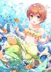 Rule 34 | 1girl, blush, brown hair, bubble, clownfish, earrings, fish, green eyes, hoshizora rin, jewelry, looking at viewer, love live!, love live! school idol festival, love live! school idol project, navel, niwasane (saneatsu03), open mouth, short hair, smile, solo, star (symbol), submerged, underwater