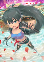 Rule 34 | 1girl, black hair, boots, breasts, cleavage, collar, crop top, fang, fingerless gloves, from above, ganaha hibiki, garter straps, gloves, green eyes, hair ribbon, idolmaster, idolmaster (classic), long hair, medium breasts, microphone, midriff, mikel (4hands), open mouth, petals, ponytail, punkish gothic, ribbon, shirt, shorts, solo, taut clothes, taut shirt, thighhighs, torn clothes, torn thighhighs, very long hair, wading, water