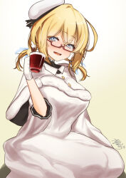 Rule 34 | 1girl, ayuman, blonde hair, blue eyes, breasts, capelet, cup, dress, fur-trimmed capelet, fur trim, glasses, gloves, hat, highres, i-8 (kancolle), kantai collection, kneeling, large breasts, low twintails, official alternate costume, red-framed eyewear, sailor hat, semi-rimless eyewear, solo, twintails, under-rim eyewear, white capelet, white dress, white gloves, white hat