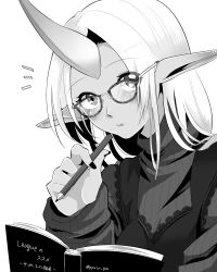 Rule 34 | 1girl, black nails, book, glasses, greyscale, horns, league of legends, looking at viewer, monochrome, nail polish, otani (kota12ro08), pencil, pointy ears, ribbed sweater, single horn, solo, soraka (league of legends), sweater, twitter username, upper body, white hair