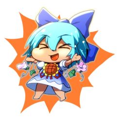 Rule 34 | &gt; &lt;, 1girl, :d, > <, barefoot, blue bow, blue dress, blue hair, bow, chibi, cirno, dress, closed eyes, flower, full body, hair between eyes, hair bow, hidden star in four seasons, open mouth, peso (cheese company), puffy short sleeves, puffy sleeves, short hair, short sleeves, smile, solo, spread legs, sunflower, tan, tanned cirno, touhou, xd