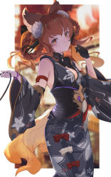 Rule 34 | 1girl, absurdres, animal ears, anthuria, arm ribbon, bare shoulders, black gloves, black kimono, blurry, bracelet, braid, braided hair rings, breasts, closed mouth, commentary request, depth of field, detached sleeves, erune, floating hair, floral print, flower, gloves, gradient hair, granblue fantasy, hair flower, hair ornament, hair rings, hand up, highres, holding, japanese clothes, jewelry, kimono, long hair, long sleeves, looking at viewer, medium breasts, multicolored hair, obi, orange eyes, orange hair, red hair, red ribbon, ribbon, sash, single glove, solo, standing, tassel, twin braids, wide sleeves, yooguretto, yukata