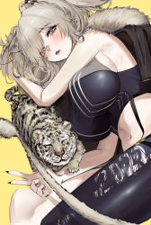 Rule 34 | 1girl, 2022, absurdres, animal ears, bare arms, black jacket, black nails, black pantyhose, blush, breasts, chinese zodiac, cleavage, commentary request, crop top, fang, fingernails, from above, fur trim, grey eyes, grey hair, half-closed eyes, highres, hololive, jacket, large breasts, lion ears, lion girl, lion tail, long fingernails, long hair, looking at viewer, lying, midriff, mookie (e mook9), nail polish, navel, on side, open mouth, pantyhose, see-through, see-through cleavage, sharp fingernails, shishiro botan, shishiro botan (1st costume), sideboob, single leg pantyhose, skin fang, solo, tail, tiger, very long fingernails, virtual youtuber, w, year of the tiger