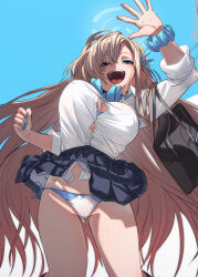 Rule 34 | 1girl, :d, asuna (blue archive), bag, black bag, black panties, blue archive, blue background, blue eyes, blue halo, blue nails, blue ribbon, breasts, button gap, commentary request, fu-ta, hair ribbon, halo, large breasts, long hair, looking at viewer, nail polish, open mouth, panties, pantyshot, ribbon, school bag, shirt, smile, solo, teeth, thighs, underwear, upper teeth only, very long hair, white panties, white shirt